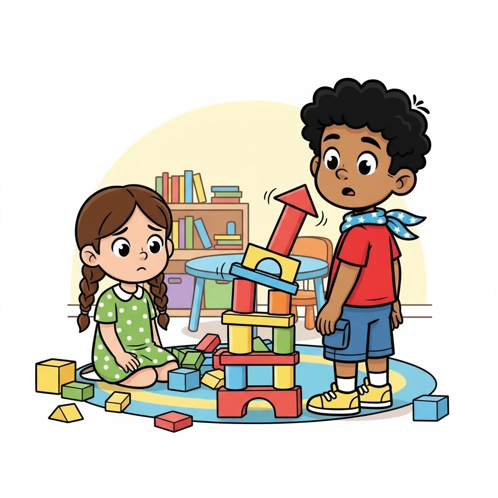 One day, Sammy was building a tall tower. He wanted to help his friend, Lily, but he accidentally bumped into her. Lily looked a little sad. Sammy didn't understand why.