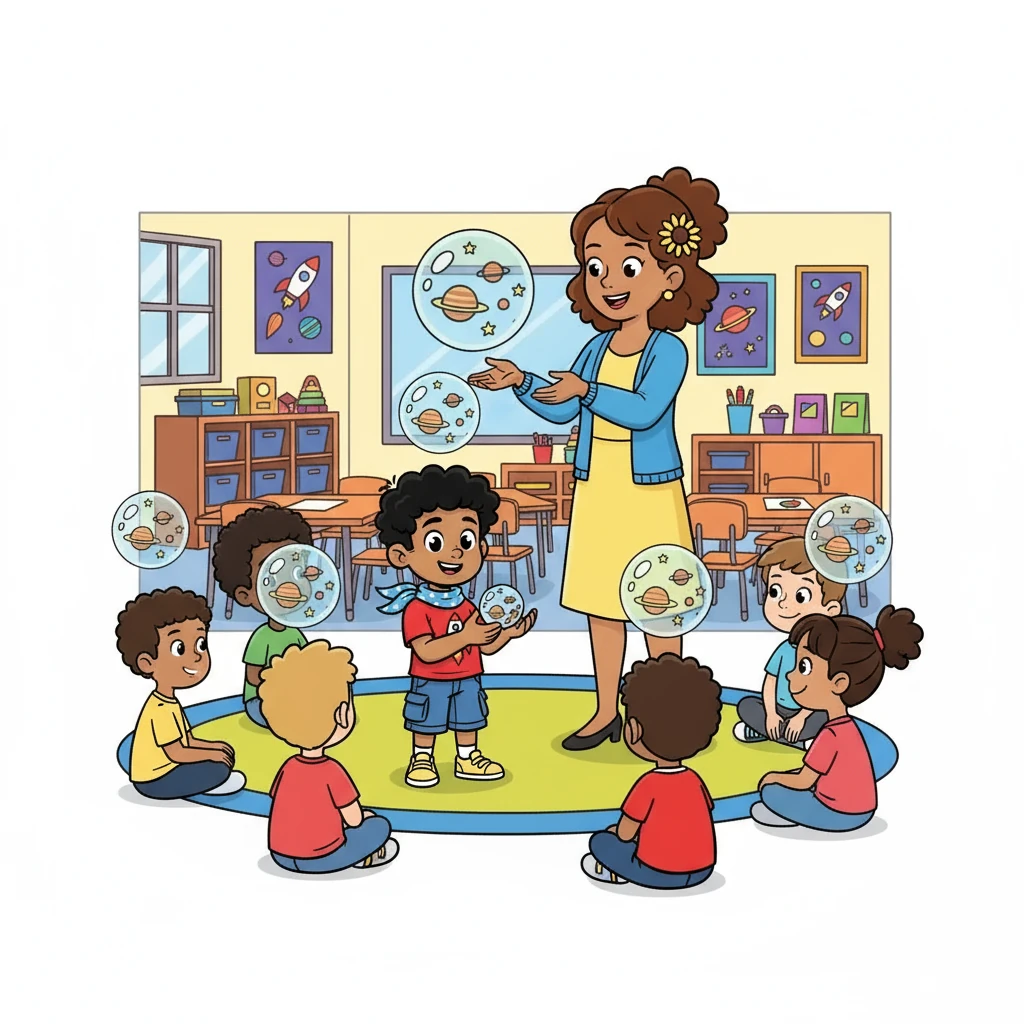 His teacher, Ms. Sunshine, noticed what happened. She gathered the children and explained about personal space. She said, "Everyone has their own bubble of space around them, like a planet!"