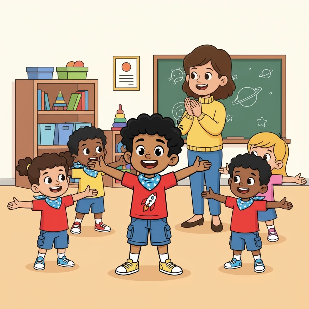 Ms. Sunshine showed them how to use their hands to measure their space. She encouraged them to put their hands out, like a star, and see how much room they needed around them. Sammy thought this was a fun game.