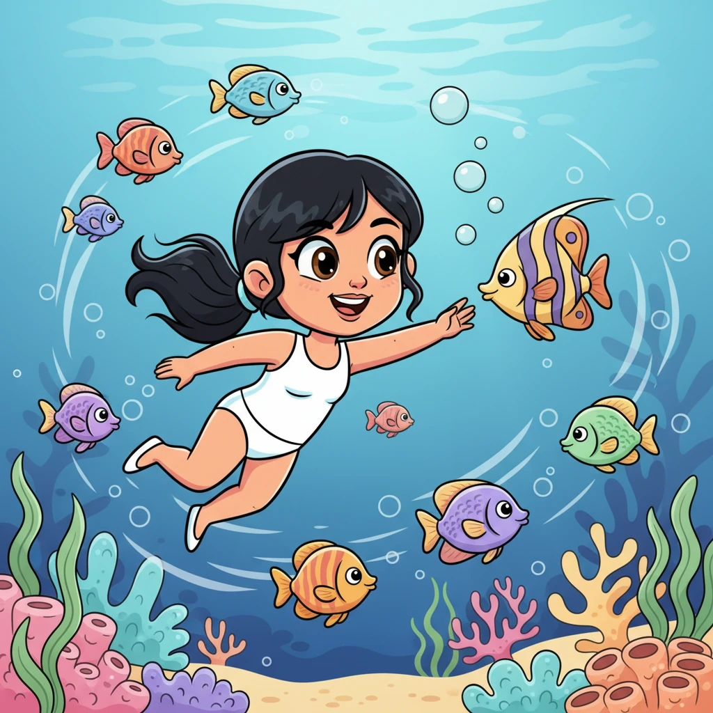 വെള്ളത്തിനടിയിലെ വർണ്ണാഭമായ മീനുകളെ അവൾ ശ്രദ്ധിച്ചു. അവയുടെ കളികൾ കണ്ട് അവളുടെ ചുണ്ടിൽ ഒരു നേർത്ത ചിരി വിടർന്നു. ഒരു പ്രത്യേക മീനിനെ പിടിക്കാൻ അവൾക്ക് തോന്നി.