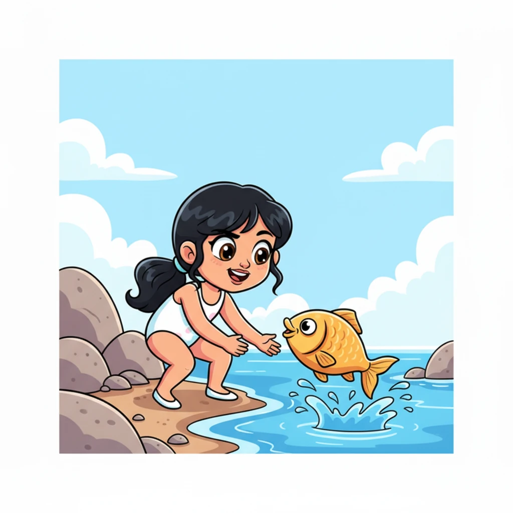 അവൾ ശ്രദ്ധയോടെ മുന്നോട്ട് നീങ്ങി, അവളുടെ കണ്ണുകൾ ഒരു മിടുക്കൻ മീനിലേക്ക് ഉറ്റുനോക്കി. മീൻ വെള്ളത്തിൽ തുള്ളിച്ചാടി, അവളെ വെല്ലുവിളിക്കുന്നതുപോലെ തോന്നി. നിലാവ് തന്റെ ലക്ഷ്യത്തിൽ ഉറച്ചുനിന്നു.