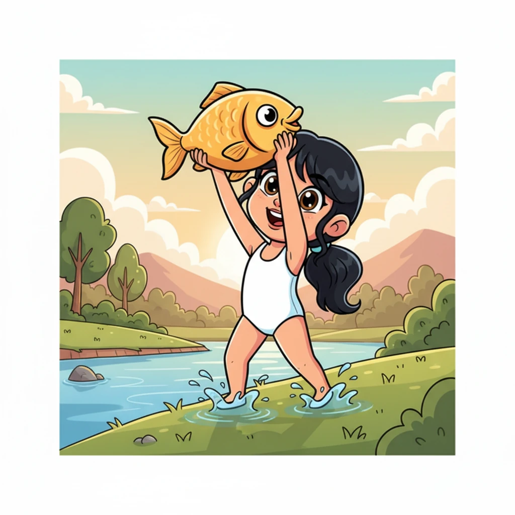 വിജയഭാവത്തോടെ നിലാവ് പുഴയുടെ തീരത്തേക്ക് കയറി. തിളങ്ങുന്ന മീനിനെ അവൾ അഭിമാനത്തോടെ ഉയർത്തിക്കാണിച്ചു. അവളുടെ മുഖത്ത് ആത്മവിശ്വാസവും സന്തോഷവും തുളുമ്പിനിന്നു, ഒരു യോദ്ധാവിനെപ്പോലെ അവൾ തിളങ്ങി.