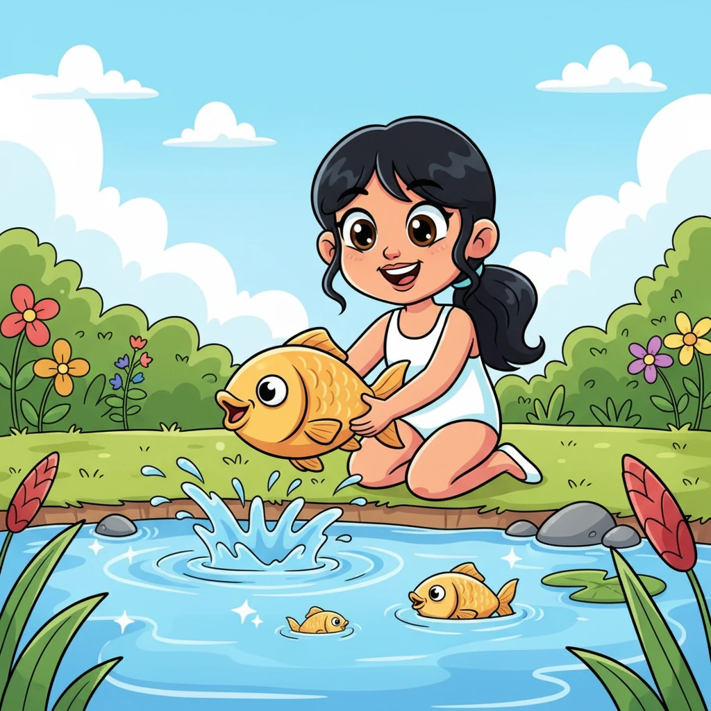 ഒരു പുഞ്ചിരിയോടെ നിലാവ് മീനിനെ വീണ്ടും വെള്ളത്തിലേക്ക് വിട്ടു. മീൻ സന്തോഷത്തോടെ വെള്ളത്തിൽ തുള്ളിച്ചാടി നീന്തിപ്പോയി. പ്രകൃതിയുമായി അവൾക്കുള്ള ബന്ധം എത്രത്തോളം വലുതാണെന്ന് ഇത് കാണിച്ചു.