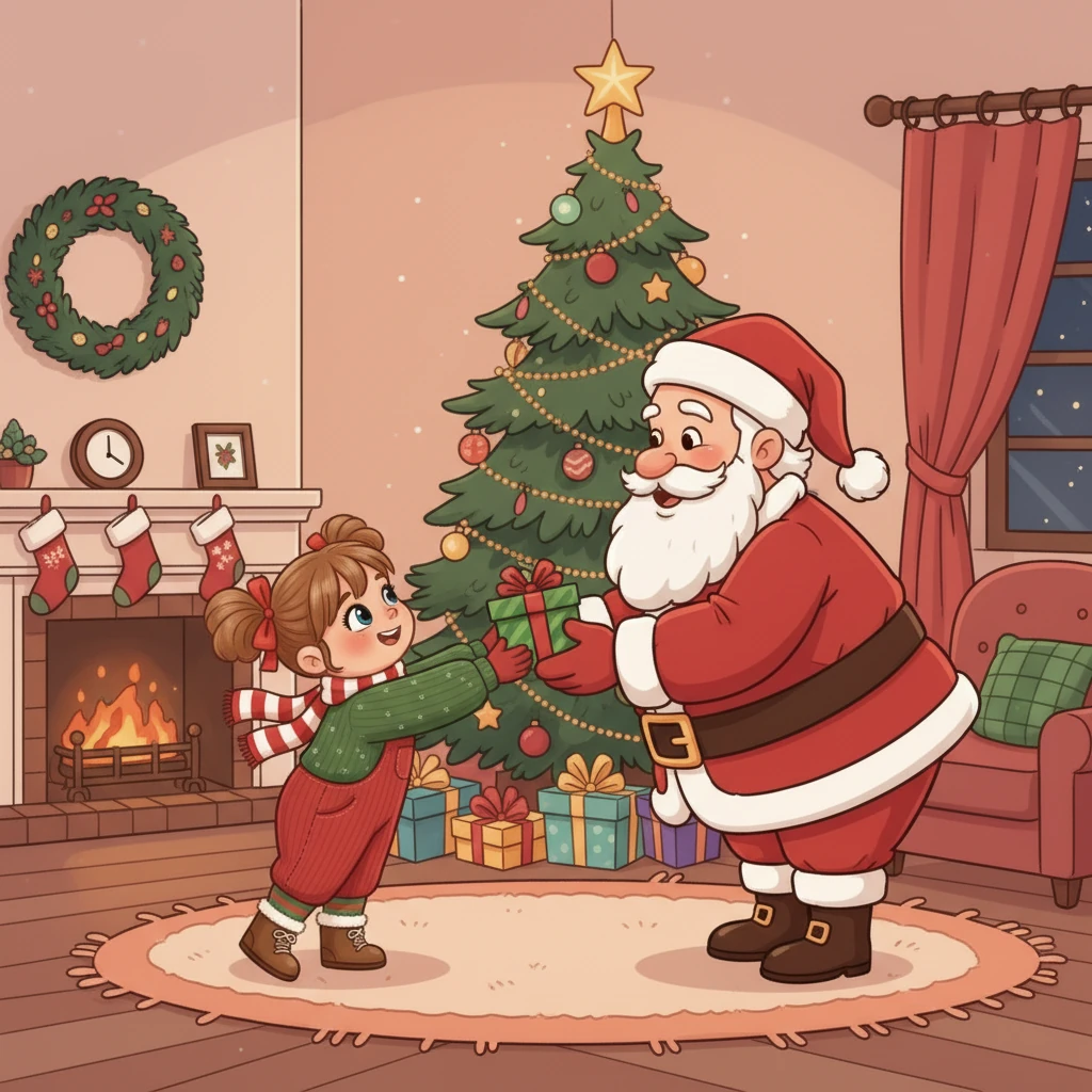 „Weihnachtsmann, das kleine Päckchen hier hast du noch vergessen!“, rief Pünktchen aufgeregt. „Es lag ganz oben auf einem Schrank und ich konnte mich gerade groß genug machen, um noch ranzukommen.“ Der Weihnachtsmann staunte nicht schlecht über Pünktchens Aufmerksamkeit.