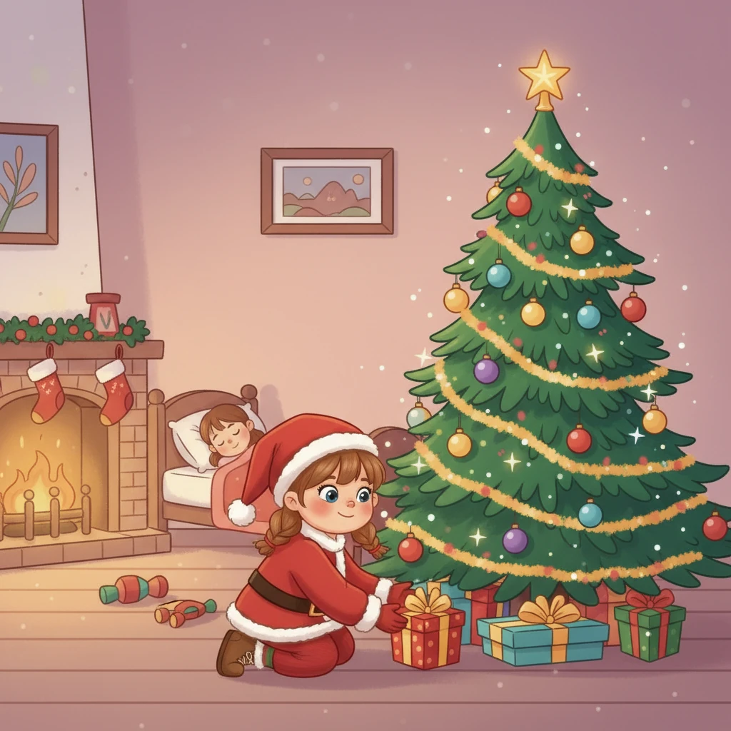 Endlich kam er zu einem kleinen Haus, in dem ein kleines Mädchen namens Leni schlief. Das vergessene Päckchen war für sie bestimmt! Der Weihnachtsmann stellte es vorsichtig unter den festlich geschmückten Weihnachtsbaum.