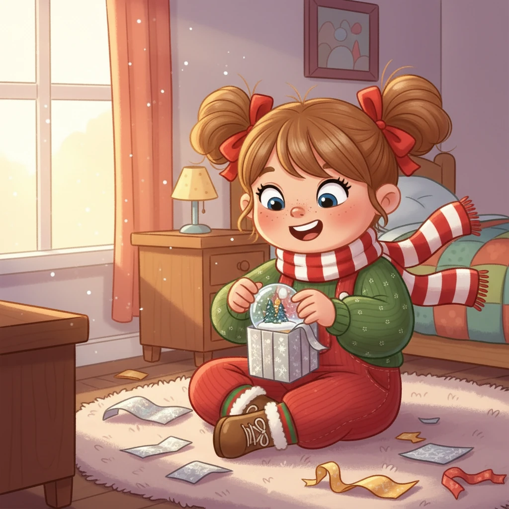 Am nächsten Morgen erwachte Leni und entdeckte das glitzernde Päckchen. Mit strahlenden Augen packte sie es aus und fand darin eine kleine, funkelnde Schneekugel. Es war genau das, was sie sich immer gewünscht hatte!