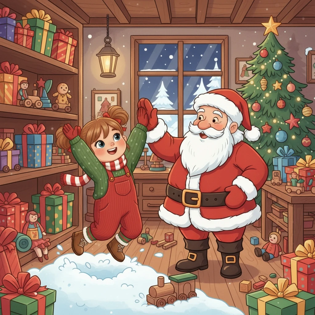 Pünktchen wartete schon strahlend auf ihn. „Du hast es geschafft!“, rief er begeistert. Der Weihnachtsmann nickte und lobte Pünktchen für seine wichtige Hilfe. Sie wussten, dass Weihnachten nur durch Teamwork und aufmerksame kleine Helfer so magisch sein konnte.