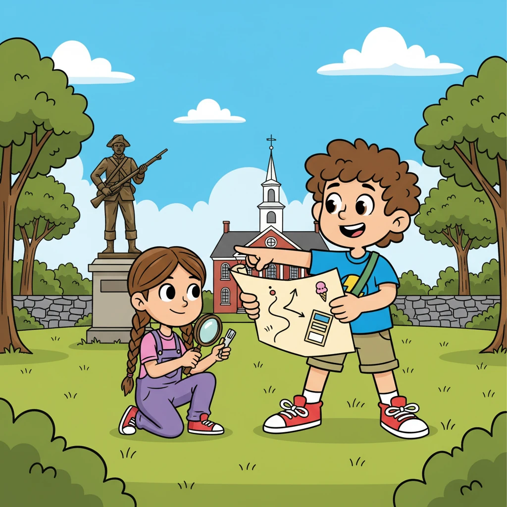 The friends started their quest at the historic Battle Green, where they imagined brave soldiers and exciting battles. Leo pointed to the first clue on their map, a riddle hinting at a hidden comic book shop. Maya, always the clever one, began to decipher the riddle.