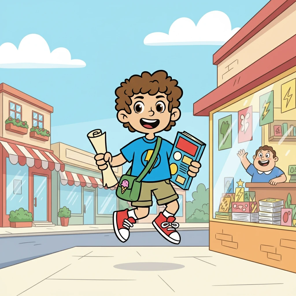 Following the clues, the trio raced down the sunny sidewalks, past charming shops and bustling cafes. They finally stumbled upon a small, brightly lit comic book store, its windows filled with colorful covers. Inside, they found mountains of comics and a friendly store owner.