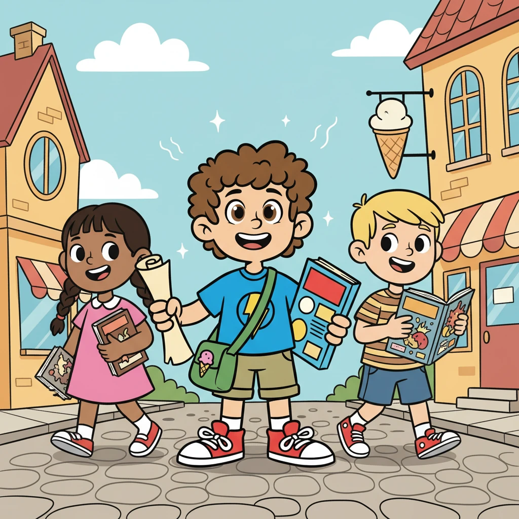 After hours of browsing, Leo, Maya, and Sam each picked out their favorite comic books. With their treasures in hand, they continued their quest for ice cream. The aroma of sweet treats filled the air as they searched for the perfect ice cream parlor.