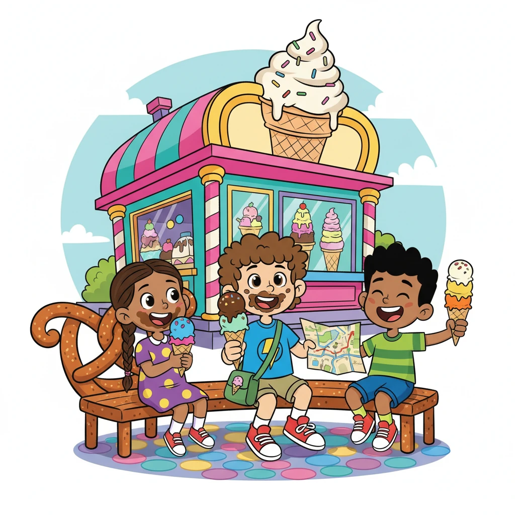 Their map led them to a colorful ice cream shop, with every flavor imaginable. Leo, Maya, and Sam each chose their favorite scoops, savoring the cool, delicious treats. They sat outside, laughing and sharing stories, their faces smeared with ice cream.