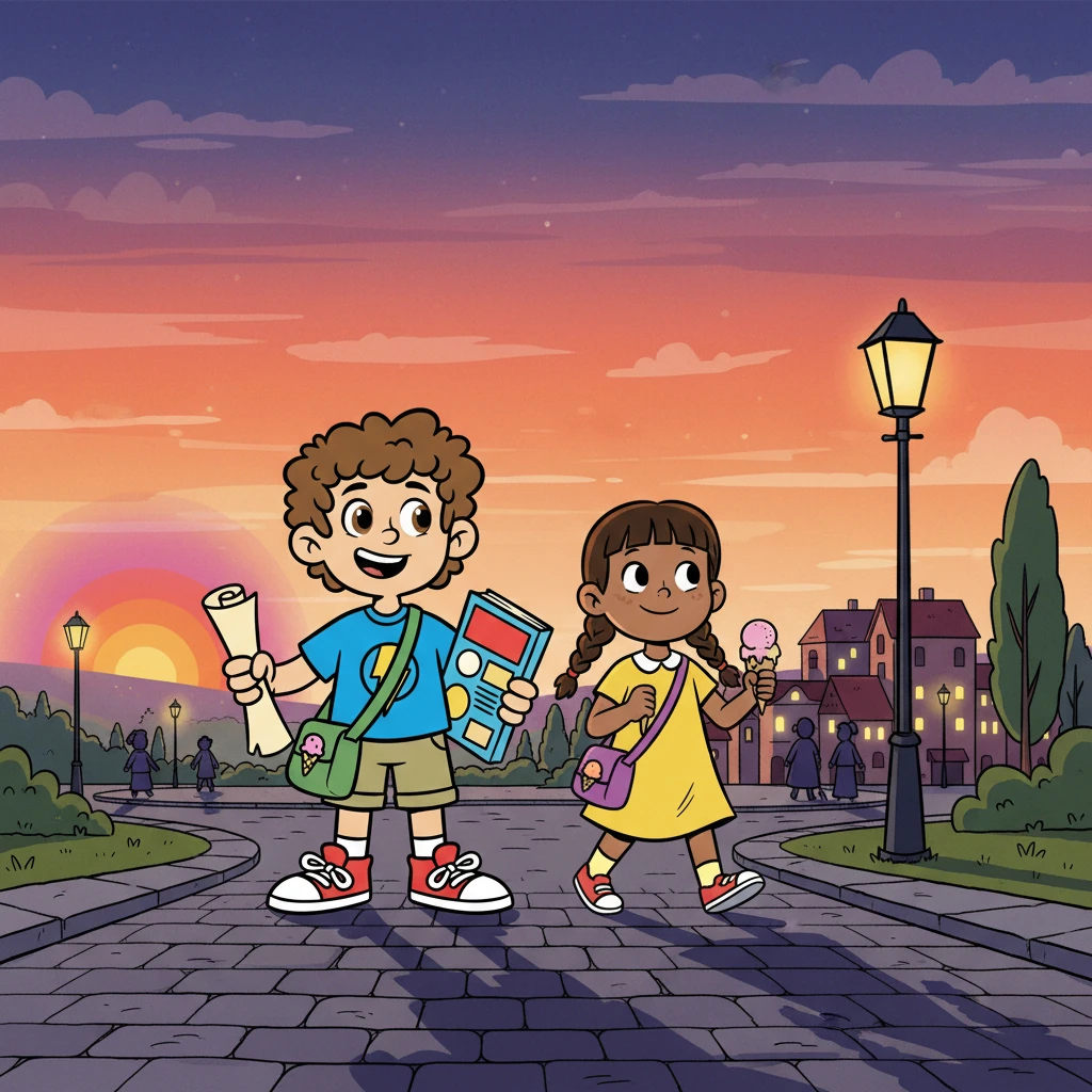 As the sun began to set, the friends, tired but happy, walked back towards the center of town. They had conquered their quest, found amazing comics, and enjoyed the best ice cream in Lexington. They knew this was a day they would never forget, a true adventure filled with friendship and fun.
