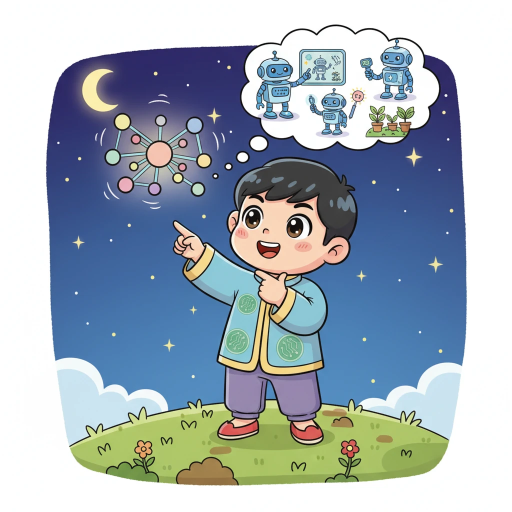 小智是一个充满好奇心的小男孩，他总是喜欢思考。有一天，他望着夜空中的星星，突然冒出了一个大胆的想法：如果机器也能像人一样思考、学习，那该多酷啊！他想象着一个充满智慧的世界，充满了各种能帮助人类的聪明机器。