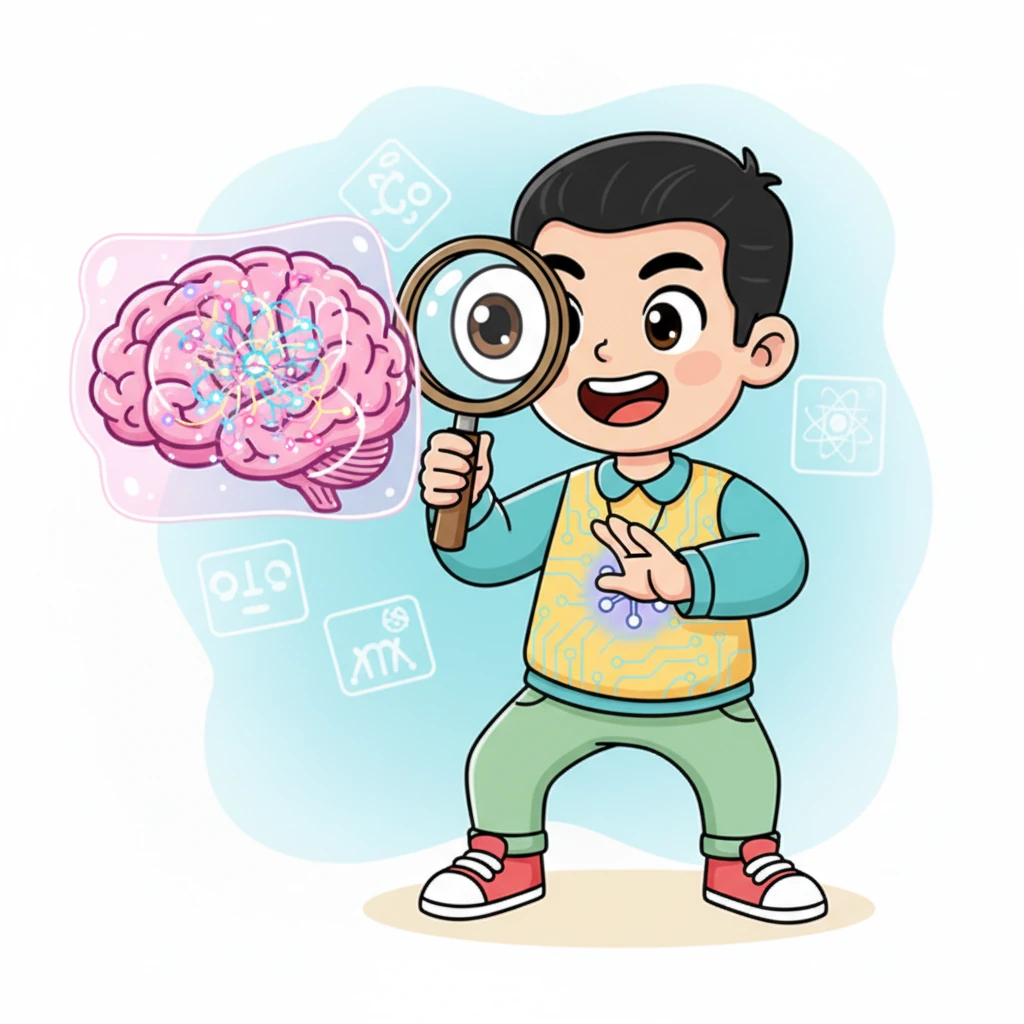 为了实现梦想，小智开始研究最聪明的“机器”——我们的大脑。他拿起放大镜，仔细观察着大脑内部的微小结构，发现它们像一张复杂的网。原来，这些叫做“神经元”的小细胞，就是大脑思考的秘密武器。