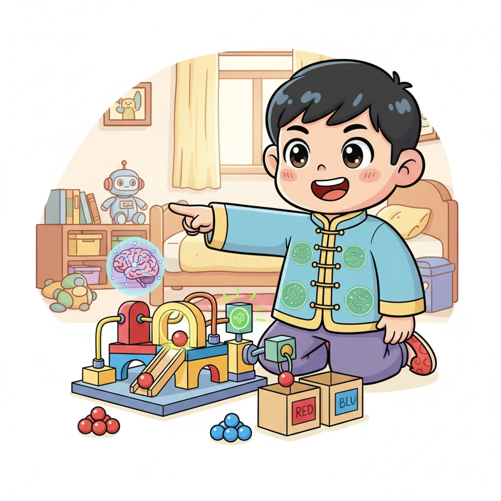 小智模仿着神经元的工作方式，用积木和电线搭出了他的第一个小模型。这个模型虽然简单，却能学习区分红色和蓝色的小球。他给它取名叫“感知器”，兴奋地看着它做出正确的判断。