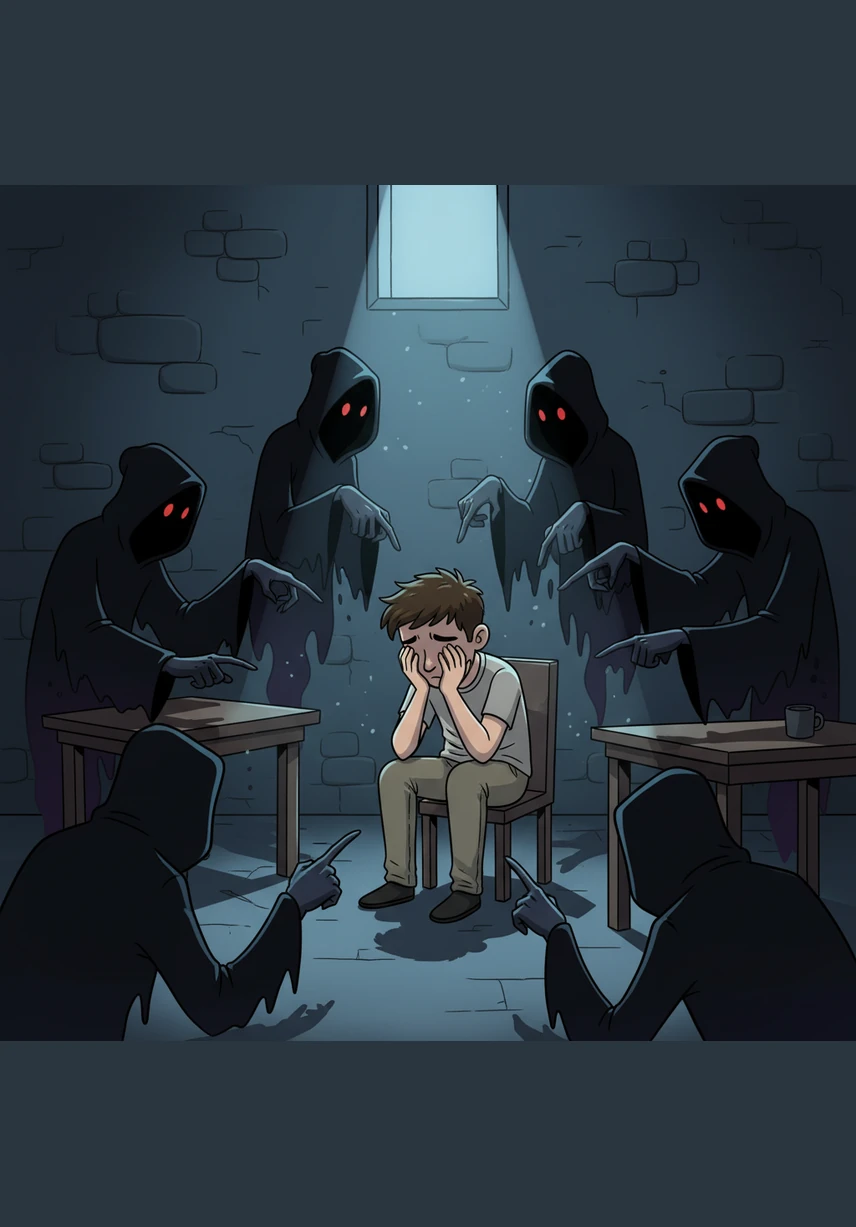 Elias sits alone in a cold, dark room, his head buried in his hands as the weight of the world presses down on him. Around him, faceless shadowy figures emerge from the gloom, their elongated fingers pointing directly at him in a silent, suffocating accusation.