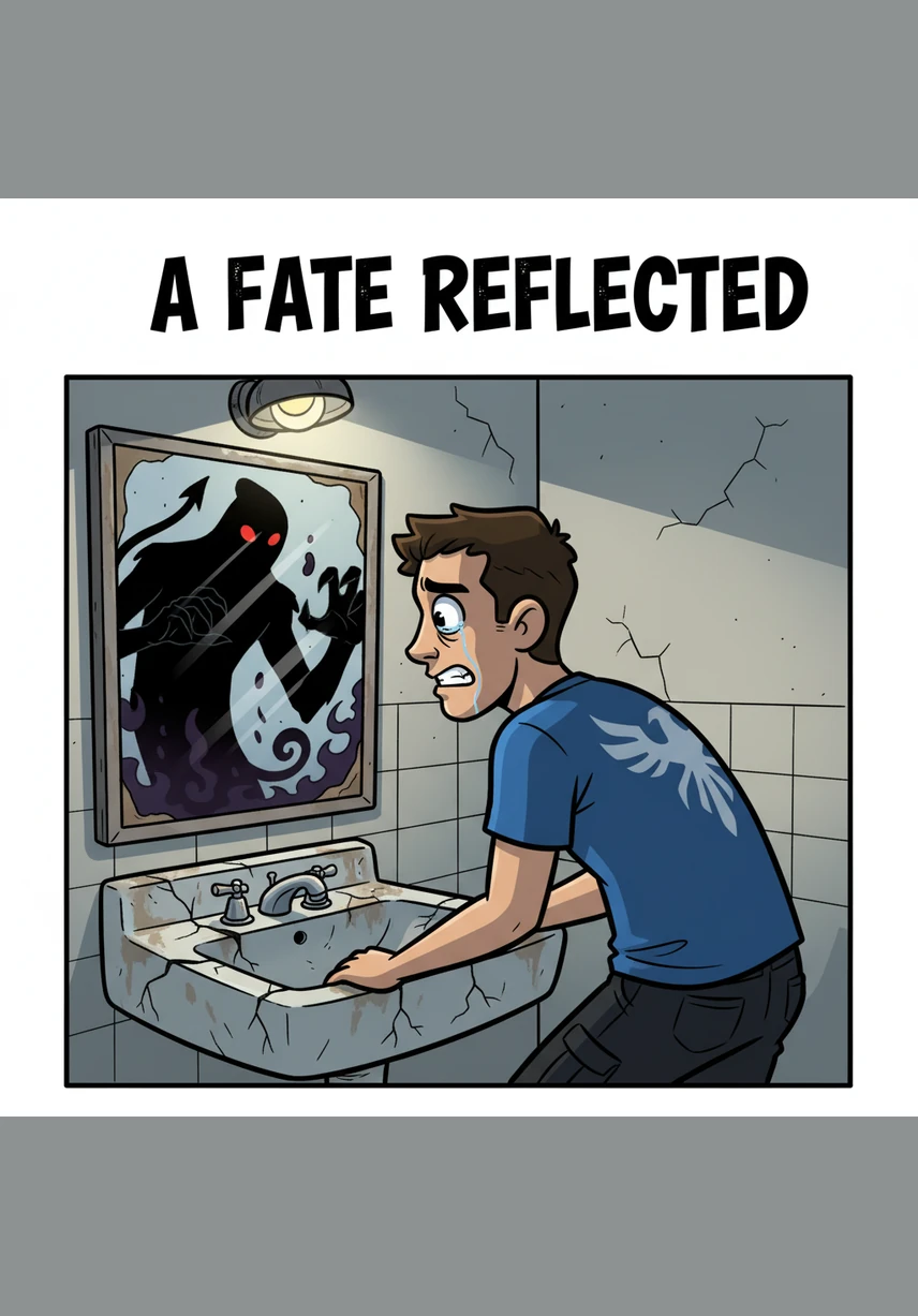 Leaning over a cracked bathroom sink, Elias stares into a shattered mirror that fragments his reflection into a dozen jagged pieces. His eyes are wide with confusion, unable to recognize the distorted man looking back as his sense of self begins to crumble.