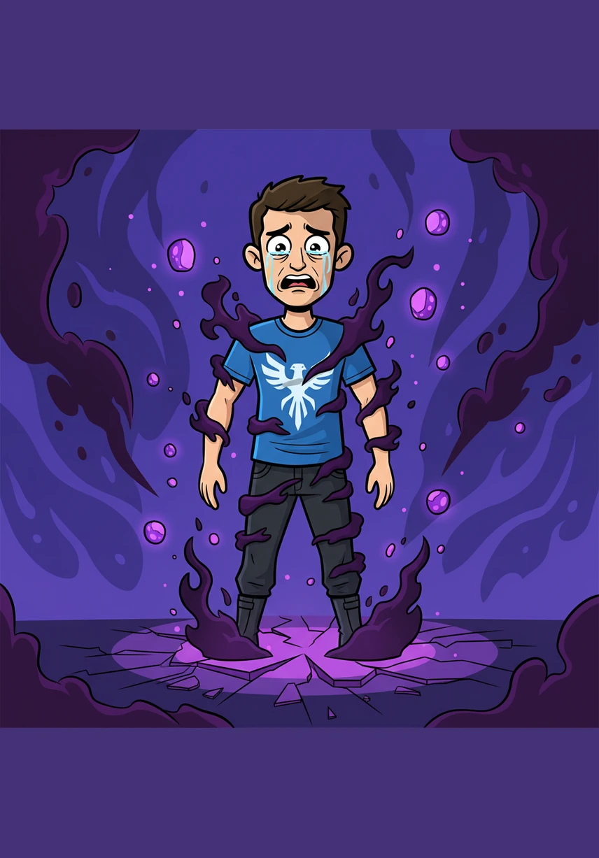 A massive, towering silhouette looms behind Elias, its dark hands twitching as if pulling invisible puppet strings attached to his limbs. Every movement Elias makes feels forced and hollow, a mere extension of a will that is no longer his own.