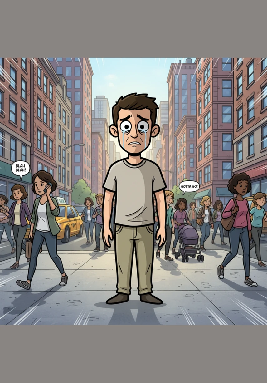 Elias stands perfectly still in the middle of a bustling city sidewalk, a ghost among the living as the crowd rushes past him without a glance. Faint, invisible chains wrap around his torso, anchoring him to the spot while the rest of the world moves on in blissful ignorance.