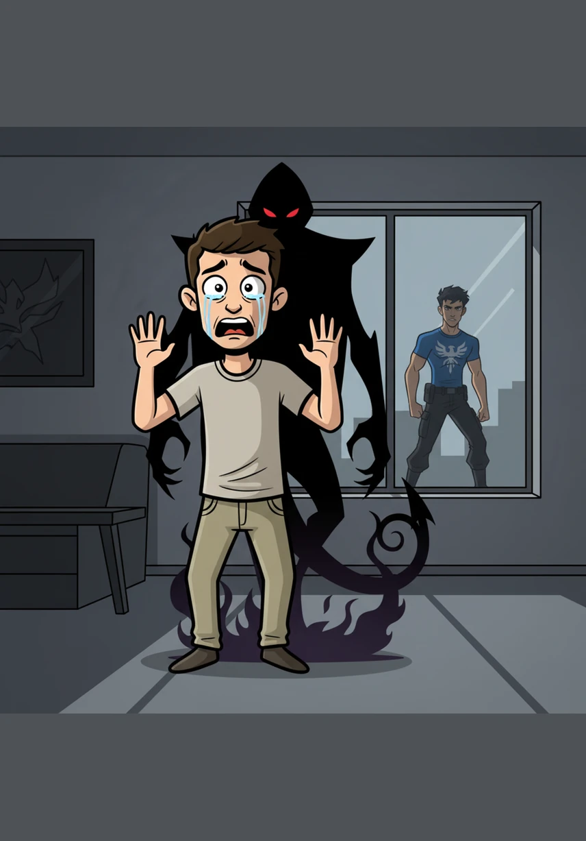 A dark, featureless figure leans close to Elias, its presence a cold chill against his neck as it whispers secrets into his ear. The tension in the room is palpable, a heavy silence broken only by the invisible words that tighten the knot of anxiety in his chest.