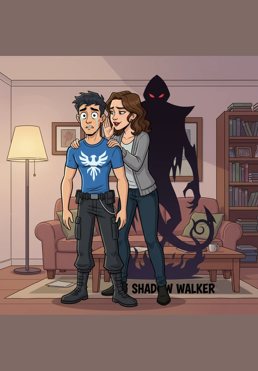 A person with a mask of performative sadness confronts Elias, using feigned grief to twist his sense of reality. Elias looks on with a bewildered expression, trapped in a web of emotional manipulation where his own feelings are weaponized against him.