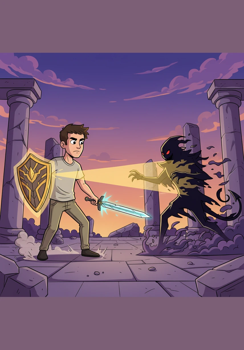 Elias sits small and defeated in a chair while a dominant figure towers over him with arms crossed in a judgmental stance. The power dynamic is overwhelming, casting a long shadow that leaves Elias feeling trapped and pressured by an inescapable sense of guilt.