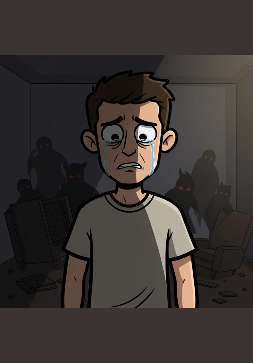 The light catches the moisture in Elias's eyes as he looks downward, his face half-submerged in a deep, moody shadow. The raw emotional pain is etched into every line of his expression, capturing a moment of profound vulnerability and internal suffering.