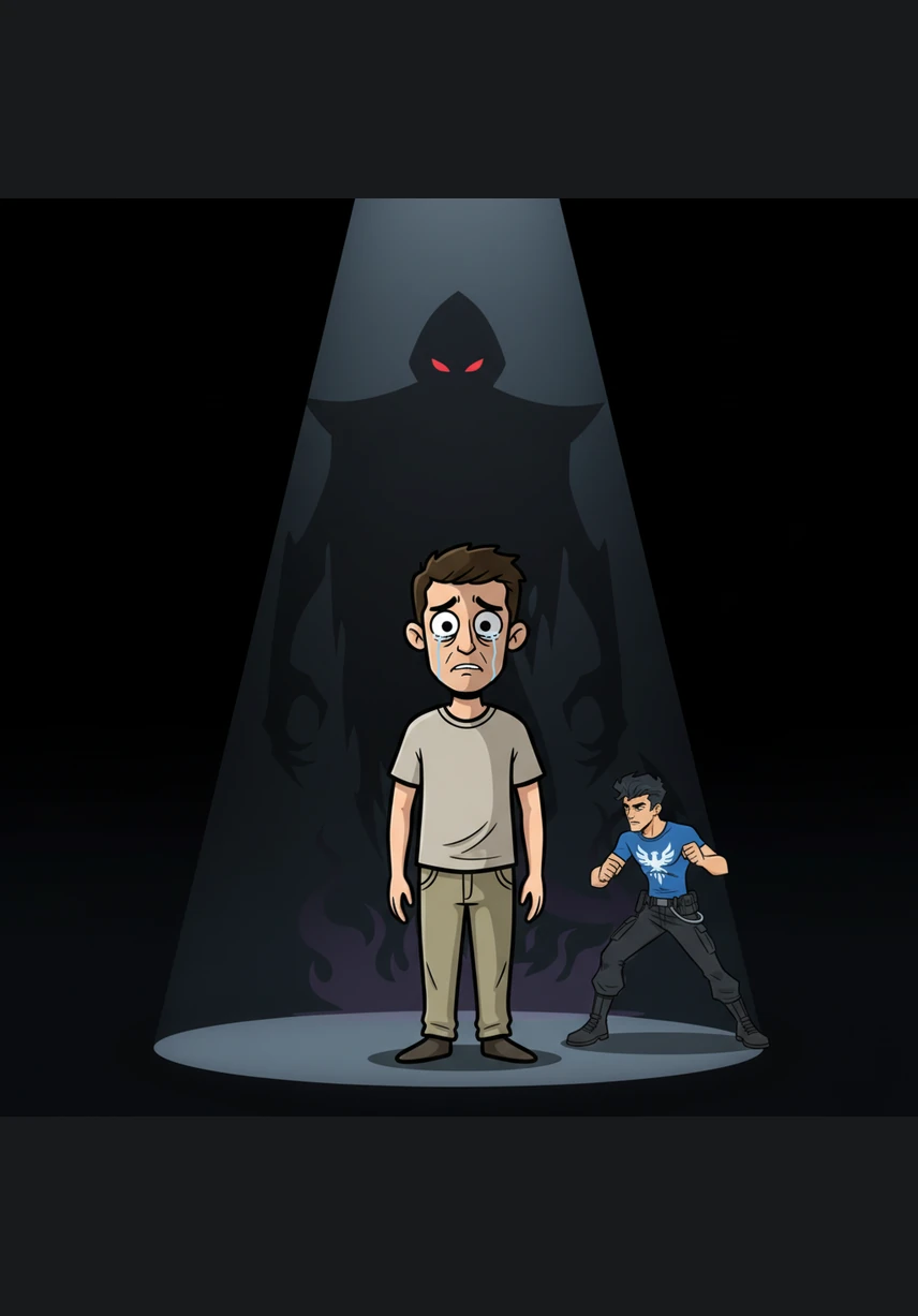 A harsh spotlight cuts through the darkness, illuminating Elias as he stands alone and exposed. All around him, the shadows return to point their fingers in a final, collective act of false blame, leaving him to face the crushing weight of their judgment.