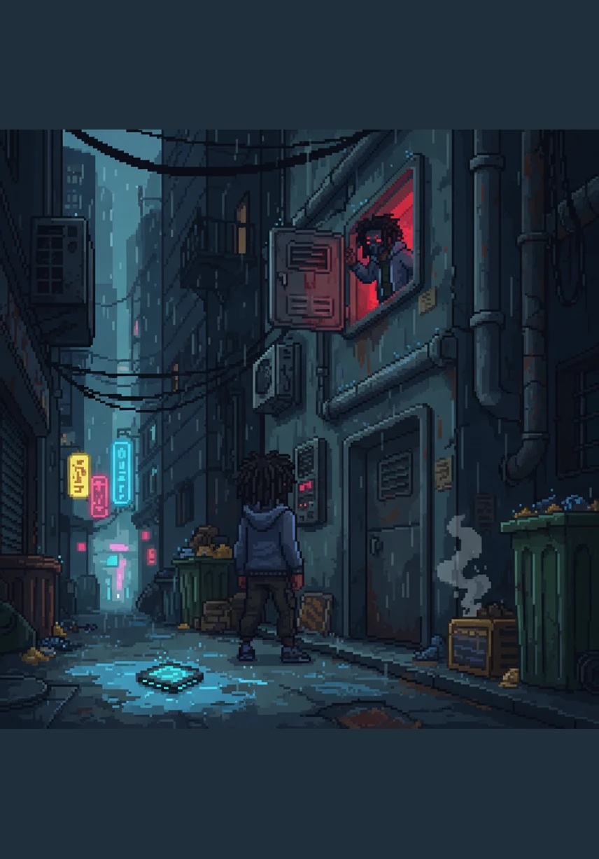 A black screen flickers with digital static as a heavy bass beat begins to thump, and the glowing words PRESS START glitch into existence. The neon green and purple light casts a rhythmic pulse across the darkness, signaling the beginning of a dangerous game.