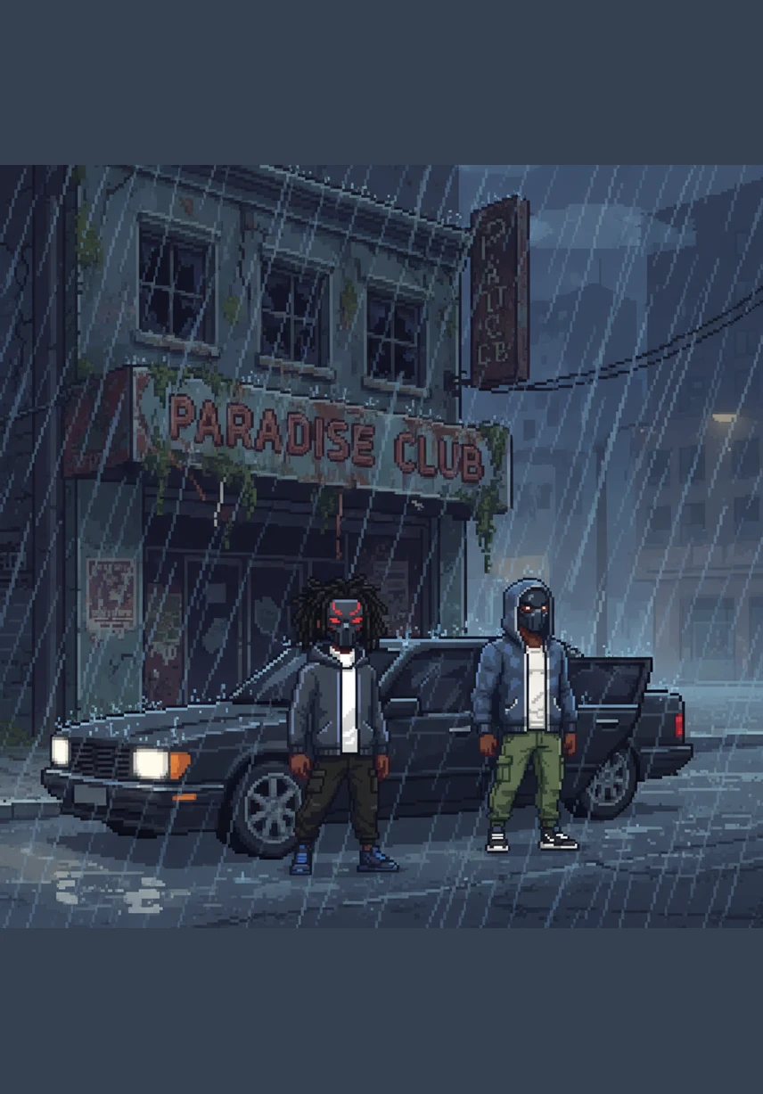 Rain lashes down on the streets of Lusaka as a sleek, matte-black car pulls up in front of a decaying, abandoned nightclub. Ayo and Teo step out into the downpour wearing their signature masks and sharp streetwear, their energy calm but their eyes sharp for trouble.