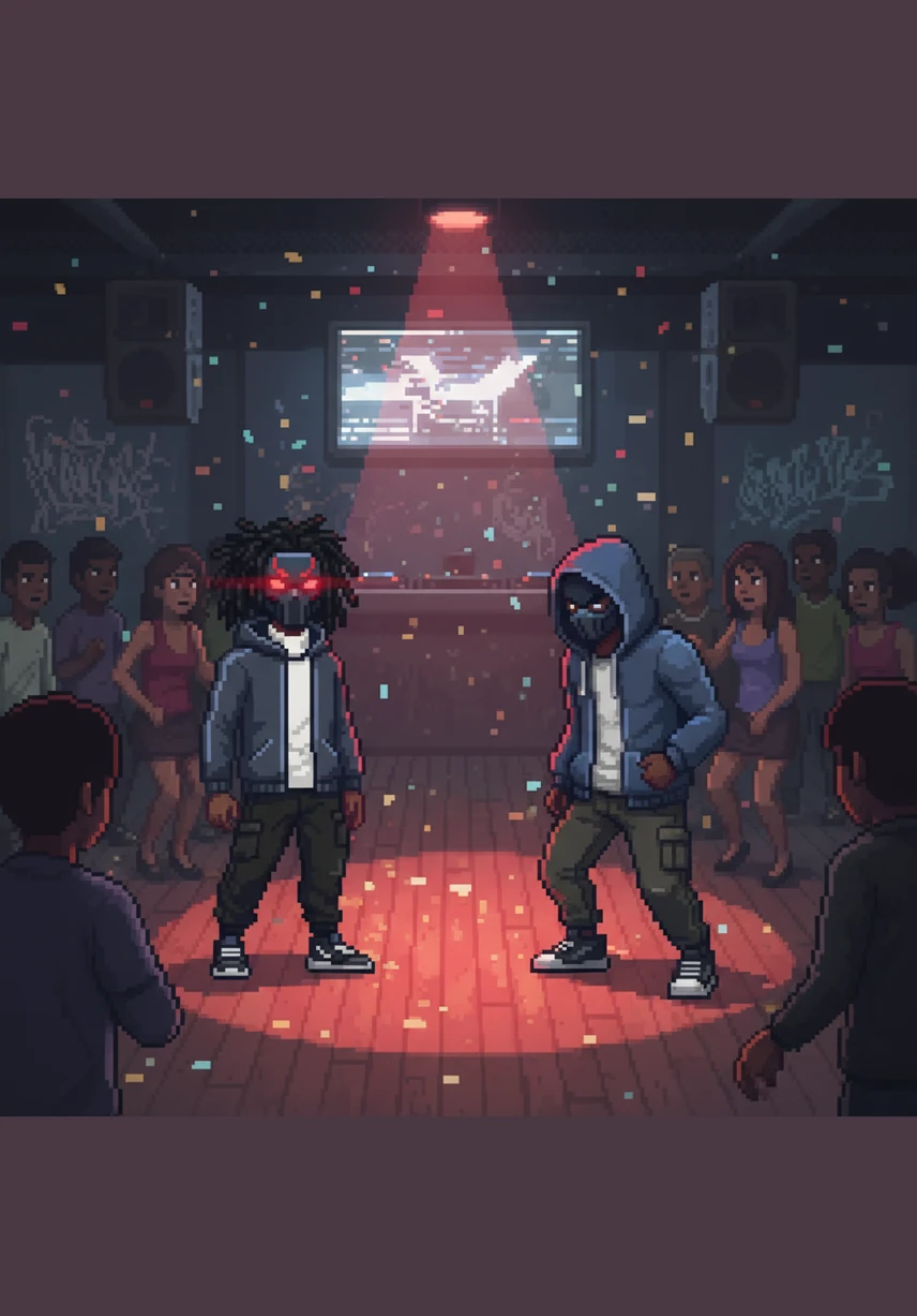 The music suddenly warps into a distorted screech, and a lone figure appears on the dance floor, twitching in a broken, off-beat sequence. This Mimic snaps its head toward the twins, its movements a terrifying, glitchy mirror of their own legendary dance style.