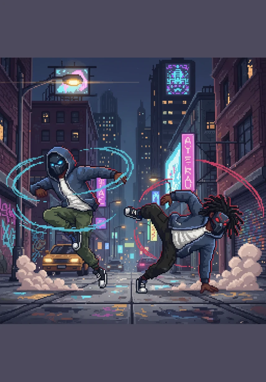 Ayo and Teo launch into a high-speed dance-battle, their movements perfectly synchronized with the pulsing lights to stay ahead of the glitching monsters. Every step they take generates a wave of energy that freezes the Mimics, proving that in this world, rhythm is the only weapon they have.