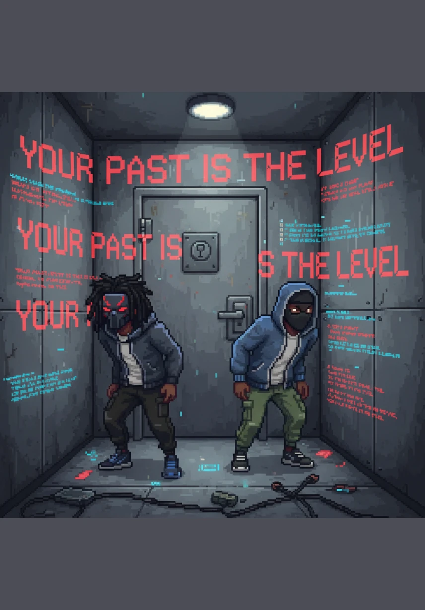 They duck into a flickering safe room and slam the door, gasping for air as the walls begin to bleed digital text. The message YOUR PAST IS THE LEVEL crawls across the wallpaper, forcing the brothers to realize they aren't just playing a game, but reliving their own history.