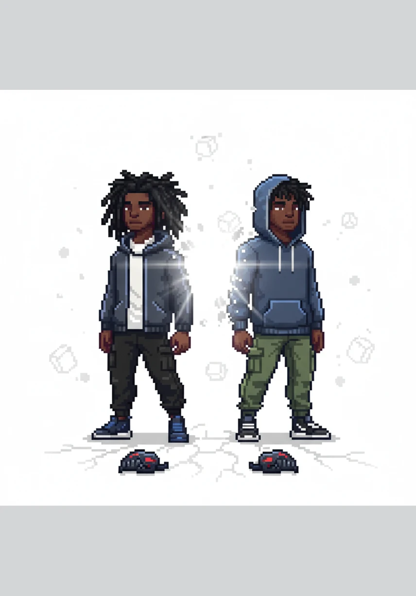 Ayo and Teo stop moving entirely, letting their masks fall as they face the silence and accept the truth of their journey. The game world shatters into white light, leaving only the two brothers standing together, finally free from the rhythm of their past.