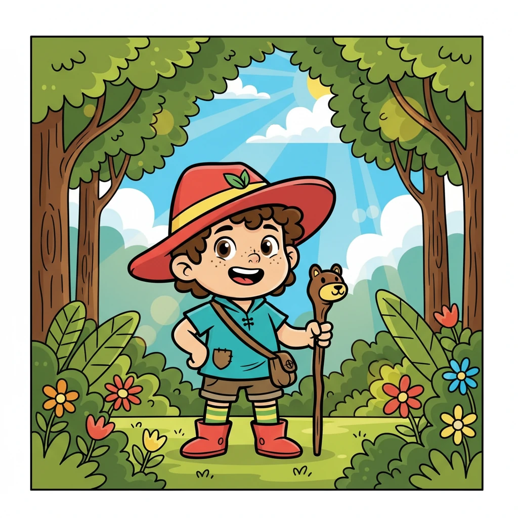 Abil, bocah laki-laki berusia empat tahun dengan rambut keriting dan mata berbinar, berdiri di tepi hutan yang rimbun. Ia memegang erat boneka beruang kesayangannya, siap untuk memulai petualangan. Matahari bersinar cerah, mengundang Abil untuk menjelajahi keajaiban di depannya.