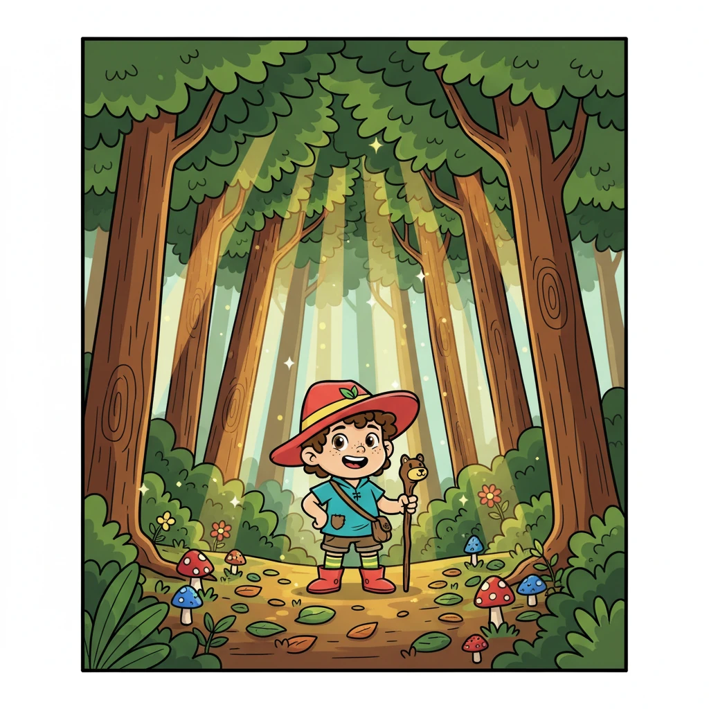 Dengan langkah berani, Abil memasuki hutan. Pepohonan menjulang tinggi, dengan dedaunan hijau yang lebat menutupi langit. Sinar matahari menari-nari di antara cabang-cabang pohon, menciptakan suasana yang magis dan misterius.