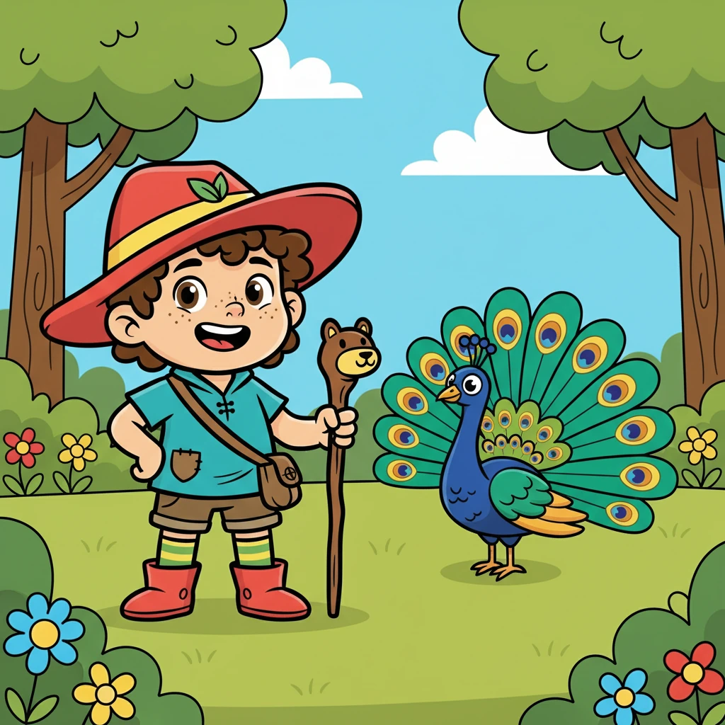 Tiba-tiba, Abil mendengar suara aneh. Seekor burung merak dengan bulu berwarna-warni yang indah muncul di hadapannya. Burung merak itu menyapa Abil dengan ramah, mengundangnya untuk mengikuti petualangan.