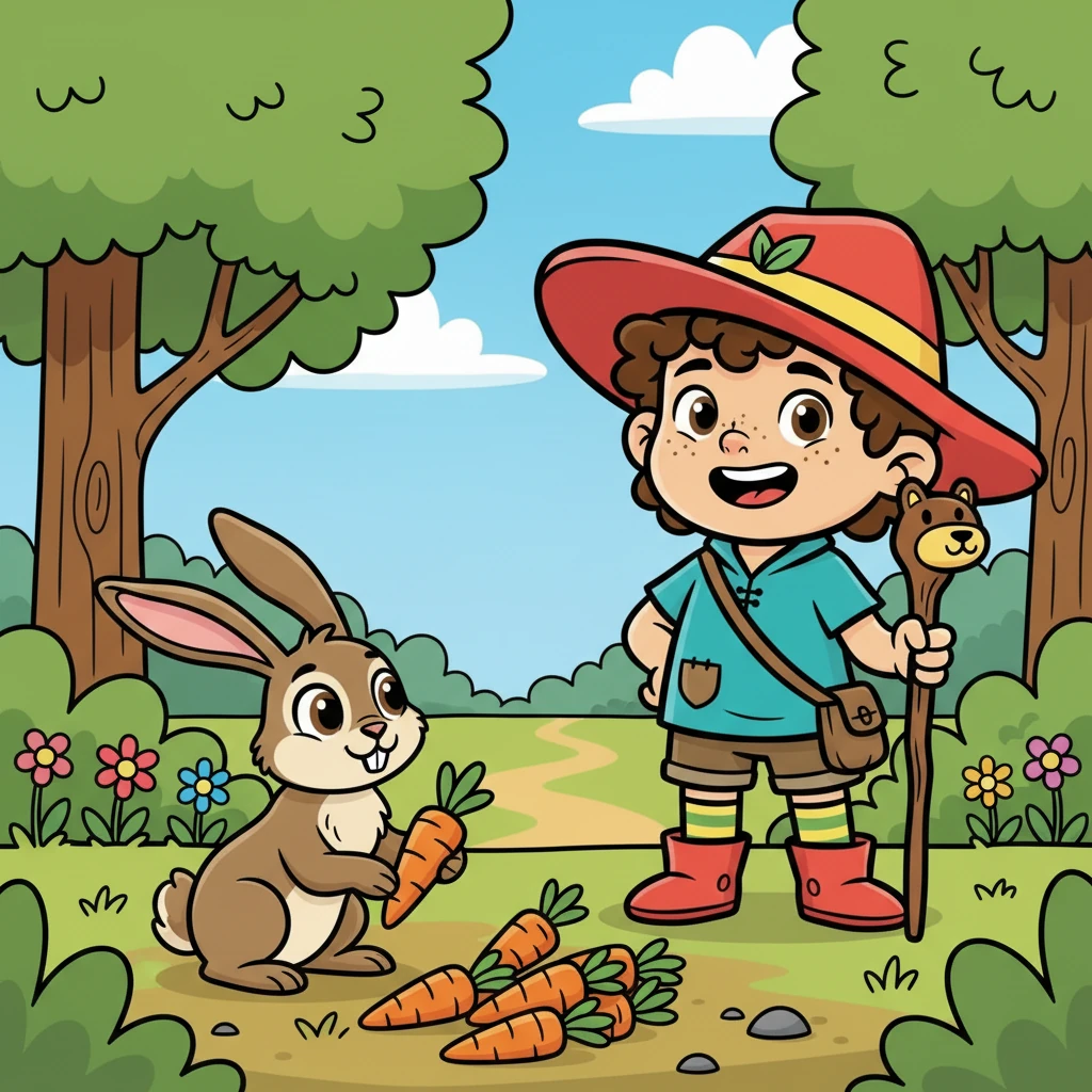 Mereka berjalan bersama, dan Abil melihat seekor kelinci dengan telinga panjang dan mata yang cerdas. Kelinci itu sedang sibuk mengumpulkan wortel. Abil tersenyum, kagum dengan kelucuan kelinci itu.