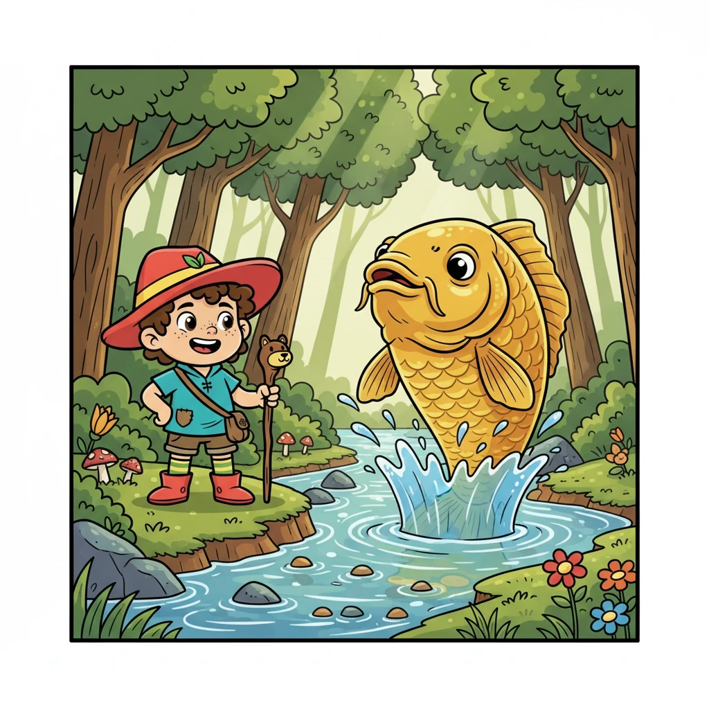 Di tengah hutan, mereka menemukan sungai kecil yang jernih. Seekor ikan mas raksasa dengan sisik keemasan melompat keluar dari air, menyapa Abil. Ikan mas itu tampak bijaksana dan penuh rahasia.