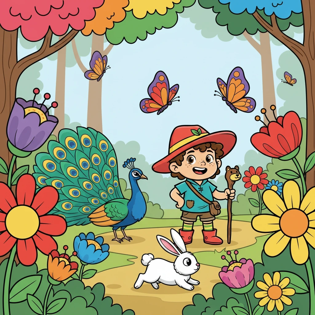 Abil, burung merak, dan kelinci melanjutkan perjalanan mereka. Mereka melewati bunga-bunga raksasa yang berwarna-warni dan kupu-kupu yang beterbangan. Hutan itu penuh dengan keajaiban.