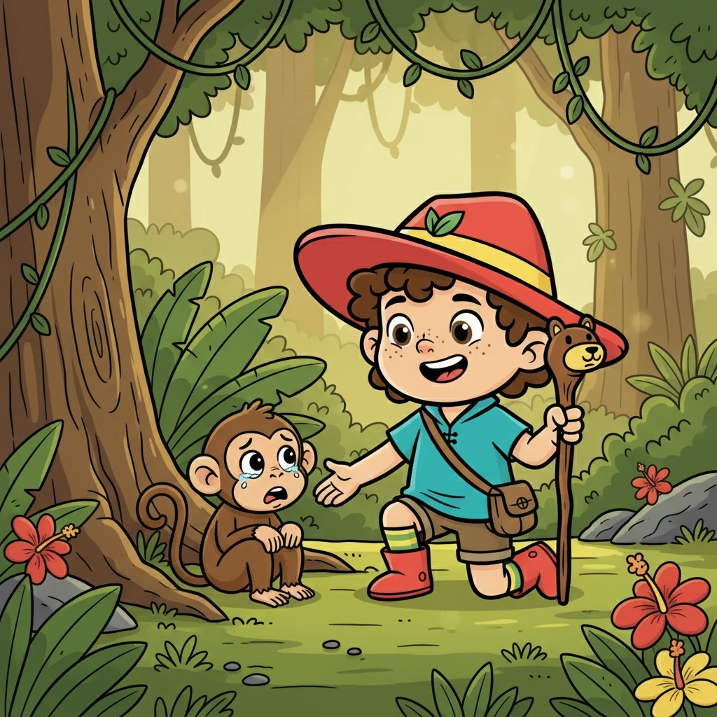 Tiba-tiba, mereka mendengar suara tangisan. Mereka menemukan seekor monyet kecil yang tersesat dan ketakutan. Abil segera menghibur monyet itu dan berjanji akan membantunya.