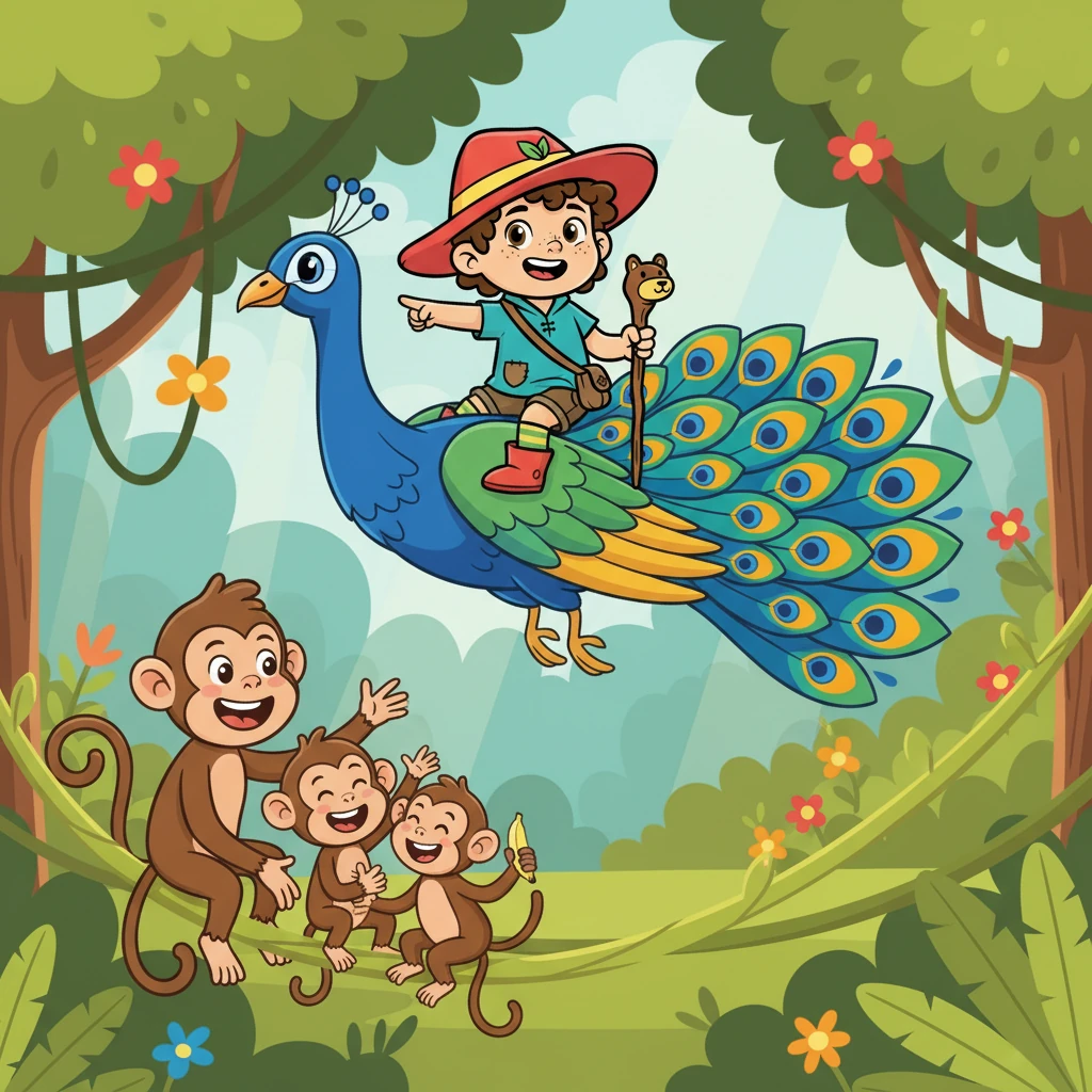 Dengan bantuan burung merak yang bisa terbang, mereka mencari induk monyet. Akhirnya, mereka menemukan keluarga monyet yang bahagia. Monyet kecil itu sangat gembira.