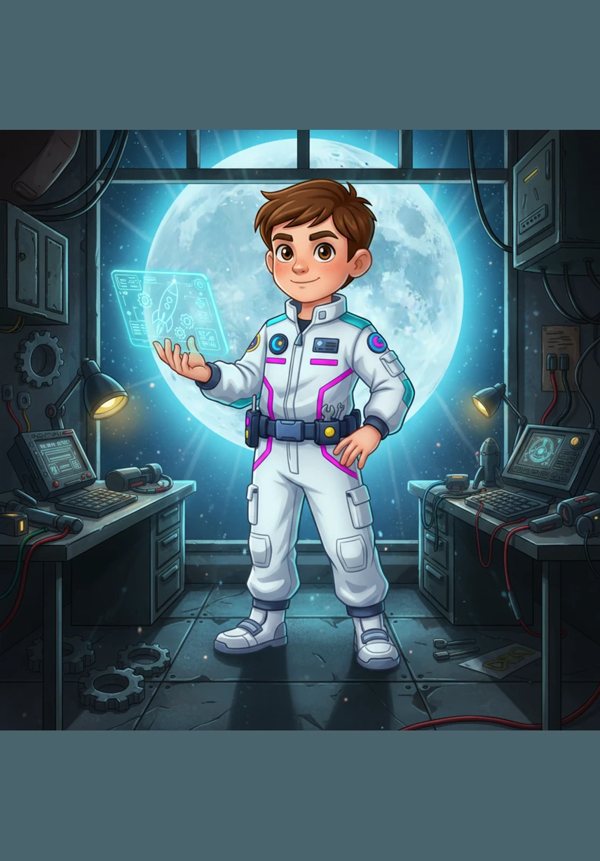 Leo the Junior Space Engineer stands proudly in his workshop, holding a blueprint of a rocket while a giant, glowing moon shines through the window. He is surrounded by tools and gears, ready to begin his most important mission yet.