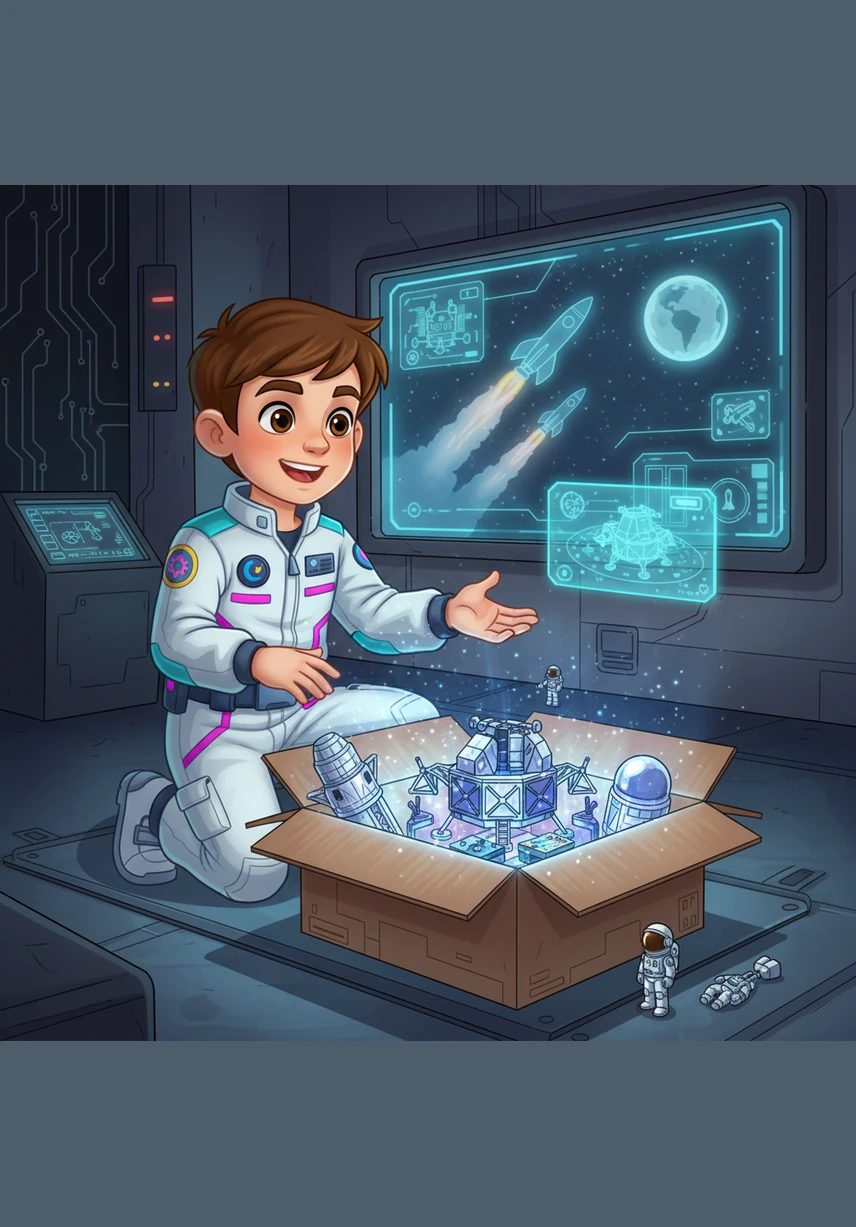 Leo opens a special Nexus STEM kit that sparkles with potential, revealing the components of a lunar landing model. He feels a rush of excitement as he prepares to build, learn, and explore the wonders of outer space.