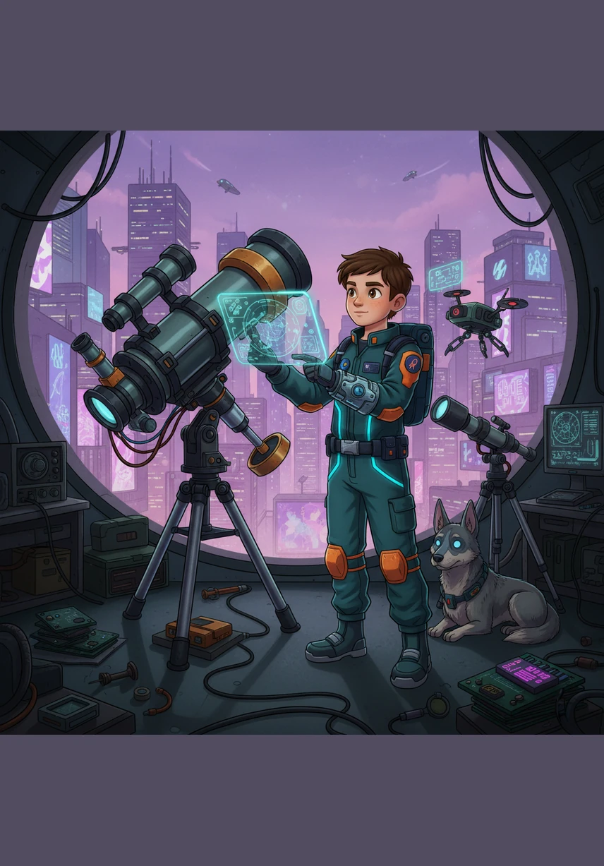 Through a powerful telescope, Leo gazes at the Moon's cratered surface and realizes how far away his celestial neighbor truly is. He imagines himself leaping across the dusty plains, feeling light as a feather in the Moon’s weak gravity.