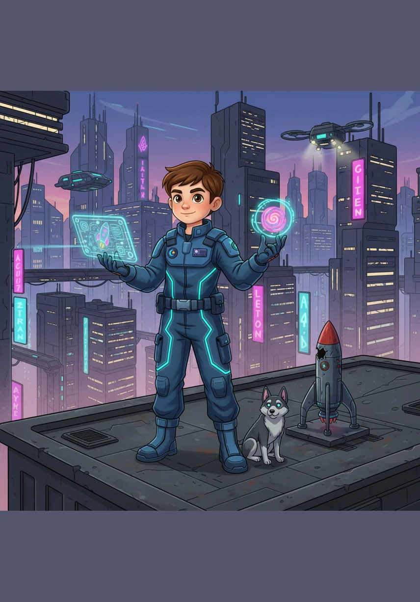 In his laboratory, Leo studies the power of thrust by launching a small model rocket into the air. He watches as the downward force of the engine sends the craft soaring upward, teaching him the secret of space travel.