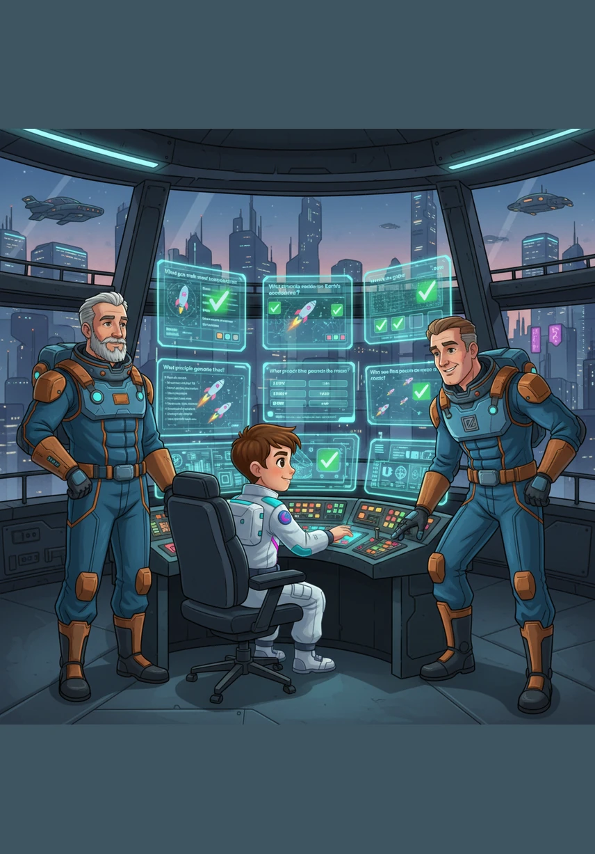Leo sits at a high-tech mission control console to test his knowledge with a series of challenging space questions. His eyes light up with every correct answer as he masters the facts about air, thrust, and history.