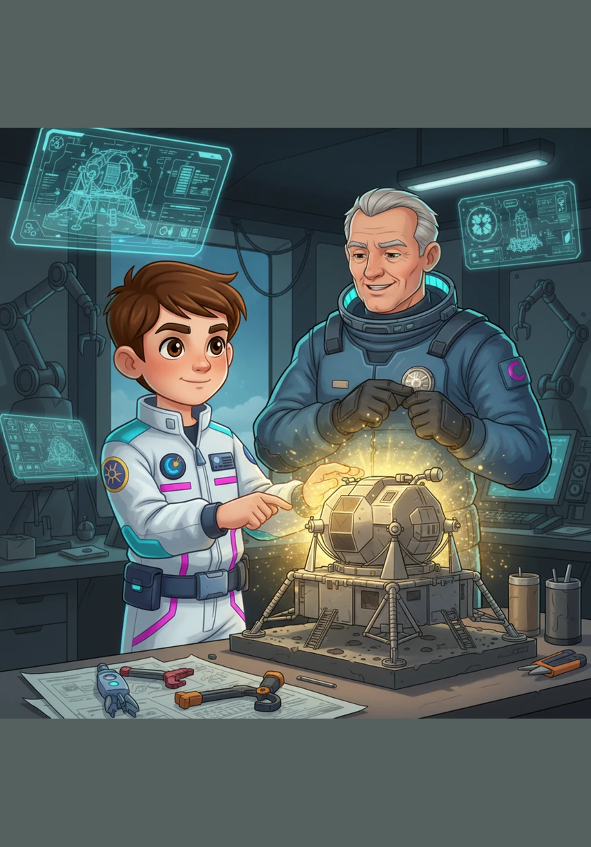With a final click, Leo finishes building his intricate moon landing model, and it glows with a triumphant golden light. He receives his Junior Space Engineer badge, marking the successful completion of his lunar mission.