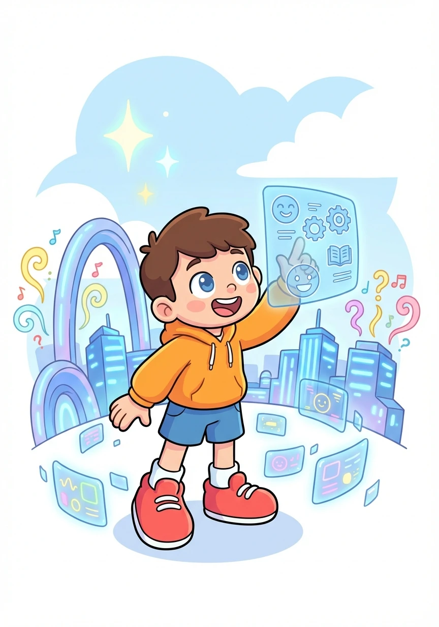 The city hums with a blue glow, endless screens flashing information. AI voices echo from every corner, teaching and guiding. Kai is surrounded by a digital sea.