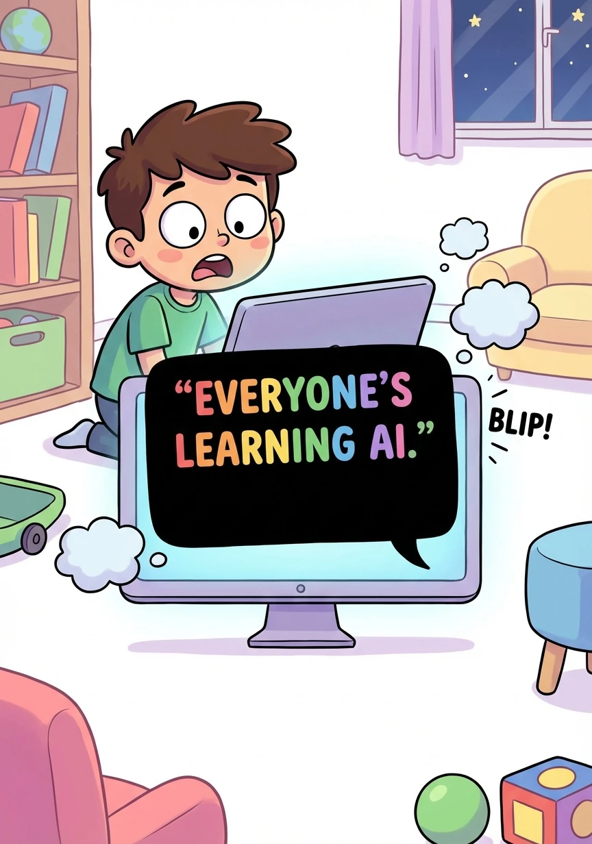 Suddenly, the screen goes black. A beat of silence hangs in the air, broken only by Kai's own breath. Bold text explodes onto the screen: "Everyone's Learning AI."